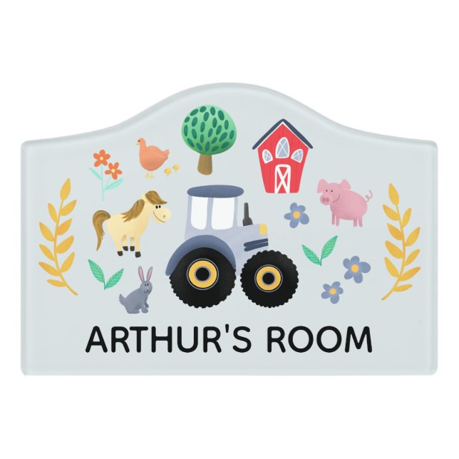 Boys Cute Rustic Farm Animals & Blue Tractor Kids  Door Sign (Small Crest Front)
