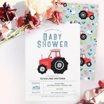 Boys Cute Rustic Farm Red Tractor Baby Shower Invitation