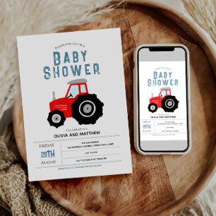 Boys Cute Rustic Farm Red Tractor Baby Shower Invitation