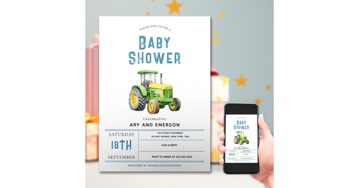 Boys Cute Rustic Farm Tractor Baby Shower Invitation | Zazzle
