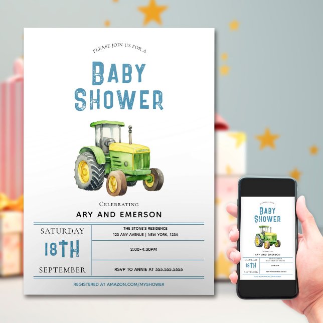 Boys Cute Rustic Farm Tractor Baby Shower Invitation (Creator Uploaded)