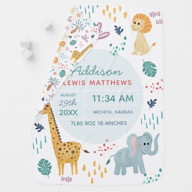Boys Cute Safari Animals Birth Stats Baby Nursery Baby Blanket (In Situ)