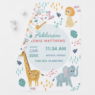 Boys Cute Safari Animals Birth Stats Baby Nursery Blanket