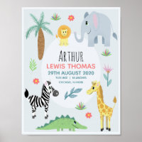 Boys Cute Safari Animals Birth Stats Baby Nursery Poster