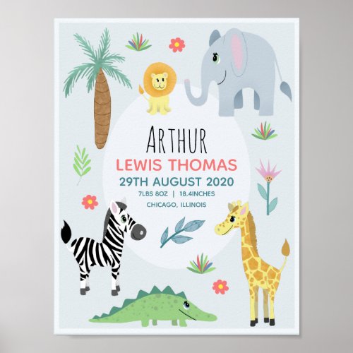 Boys Cute Safari Animals Birth Stats Baby Nursery Poster