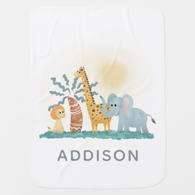 Boys Cute Safari Animals Giraffe and Elephant Baby Blanket (Front)