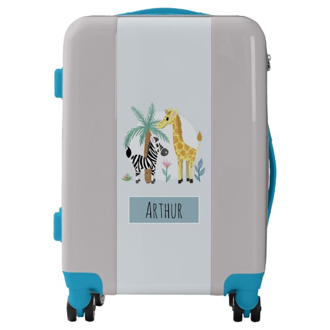 Boys Cute Safari Animals Giraffe and Name Kids Luggage (Front)