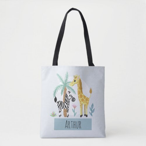 Boys Cute Safari Animals Giraffe and Name Kids Tote Bag