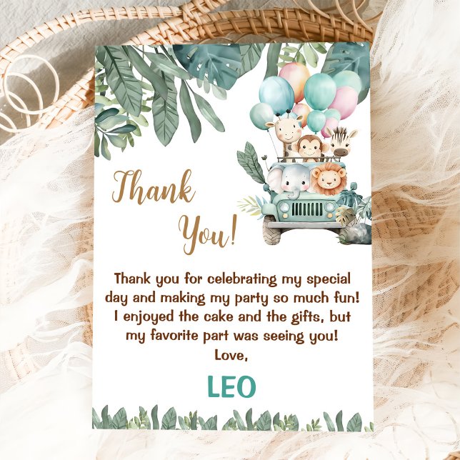 Boys Cute Safari Birthday  Thank You Card (Creator Uploaded)