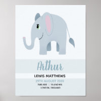 Boys Cute Safari Elephant Birth Stats Baby Nursery Poster