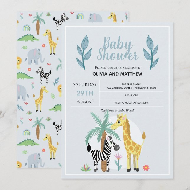 Boys Cute Safari Jungle Giraffe Baby Shower Invitation (Front/Back)