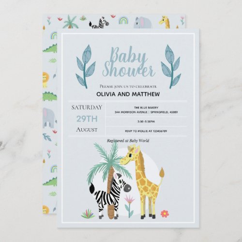 Boys Cute Safari Jungle Giraffe Baby Shower Invitation