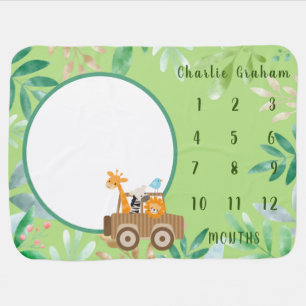 Boys Cute Safari Wild Animals Monthly Milestone Baby Blanket