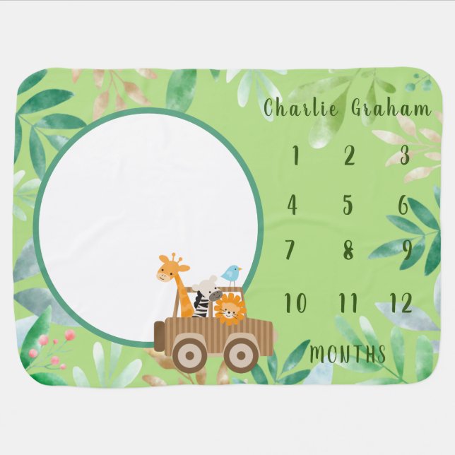 Boys Cute Safari Wild Animals Monthly Milestone Baby Blanket (Horizontal)