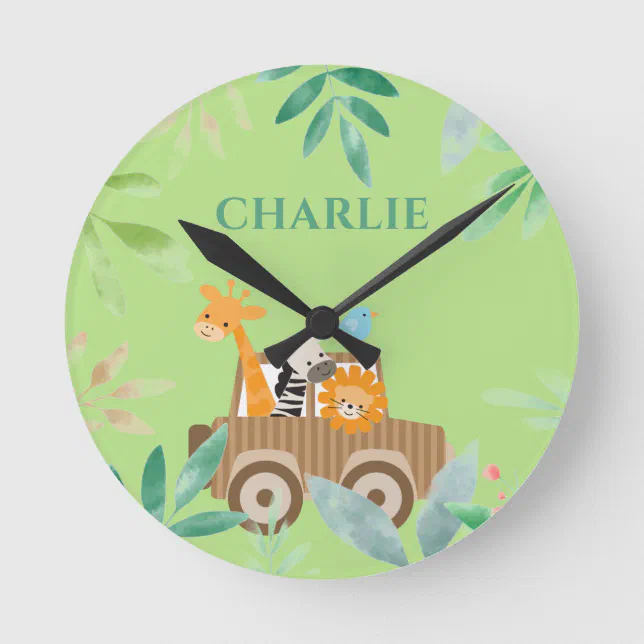 Boys Cute Safari Wild Animals Nursery Kids Round Clock | Zazzle