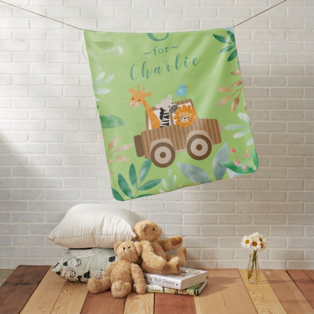Boys Cute Safari Wild Animals Personalized Baby Blanket (In Situ)