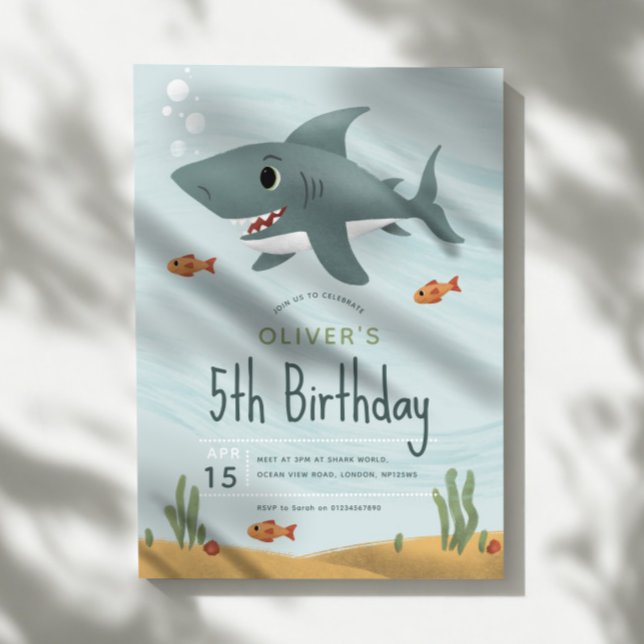 Boys Cute Shark Under the Sea Ocean 5th Birthday Invitation (Creator Uploaded)