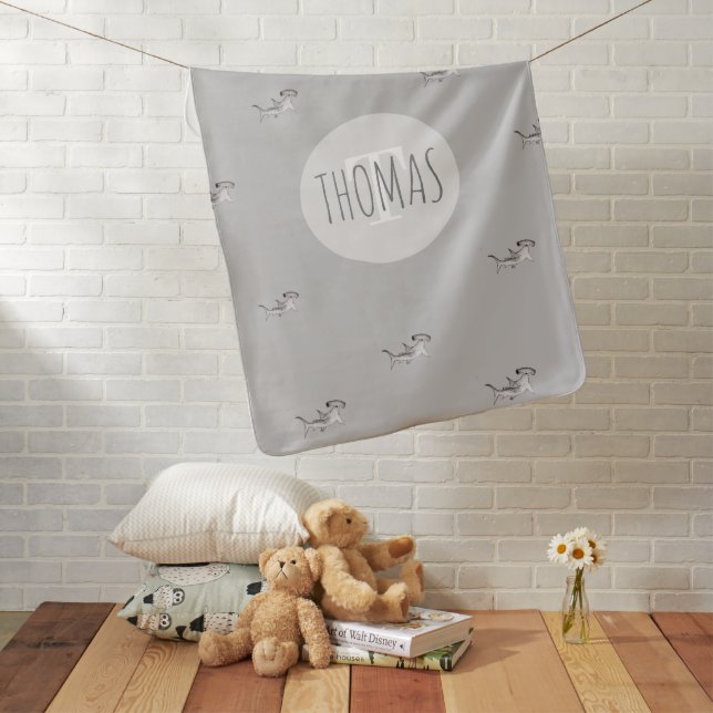 Boys Cute Simple Ocean Hammerhead Shark Baby Blanket (In Situ)