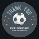 Boys Cute Soccer Sports Thank You Kids Birthday Classic Round Sticker<br><div class="desc">This cute and modern sports-themed kids birthday thank you sticker design features a blue soccer ball cartoon design. The sticker can be personalized with your boy's name and the date of your party. The perfect sports-themed addition to your child's birthday party,  great for party favors!</div>