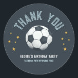 Boys Cute Soccer Sports Thank You Kids Birthday Classic Round Sticker<br><div class="desc">This cute and modern sports-themed kids birthday thank you sticker design features a blue soccer ball cartoon design. The sticker can be personalized with your boy's name and the date of your party. The perfect sports-themed addition to your child's birthday party,  great for party favors!</div>