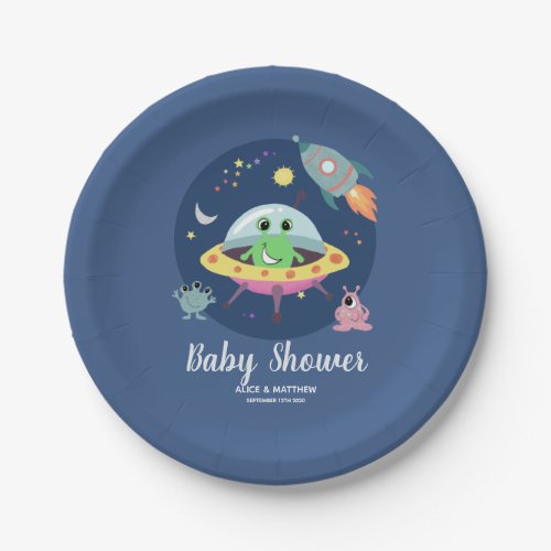 Boys Cute Space Alien Baby Shower Paper Plate