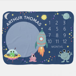 Boys Cute Space Alien Cartoon and Name Milestone Baby Blanket