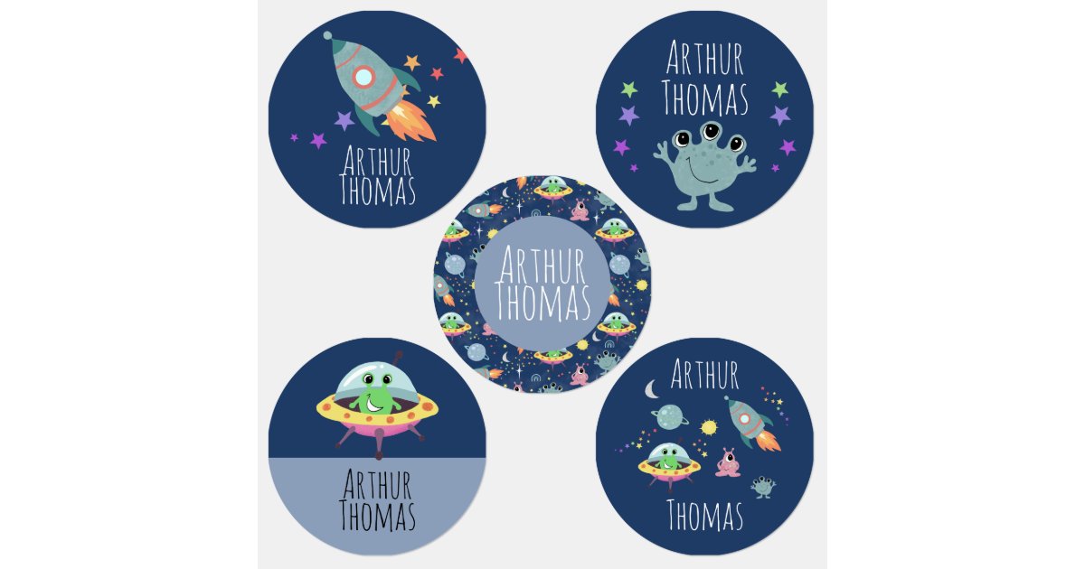 Boys Cute Space Alien Cartoon Kids Name School Kids Labels Zazzle Com