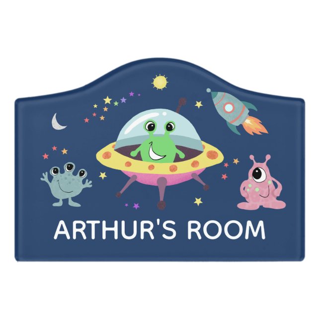 Boys Cute Space Alien Cartoon Kids Nursery Door Sign (Small Crest Front)