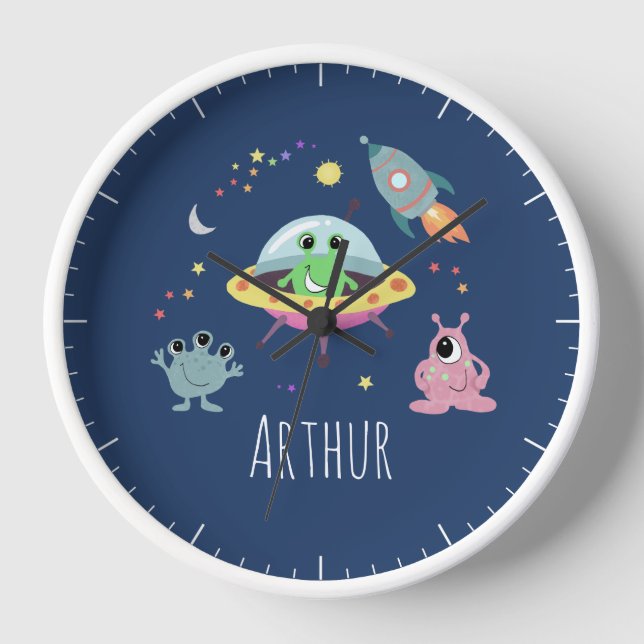 Boys Cute Space Alien Cartoon Kids Room & Nursery Clock (Front)