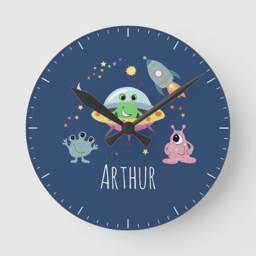 Boys Cute Space Alien Cartoon Kids Room  Nursery Round Clock