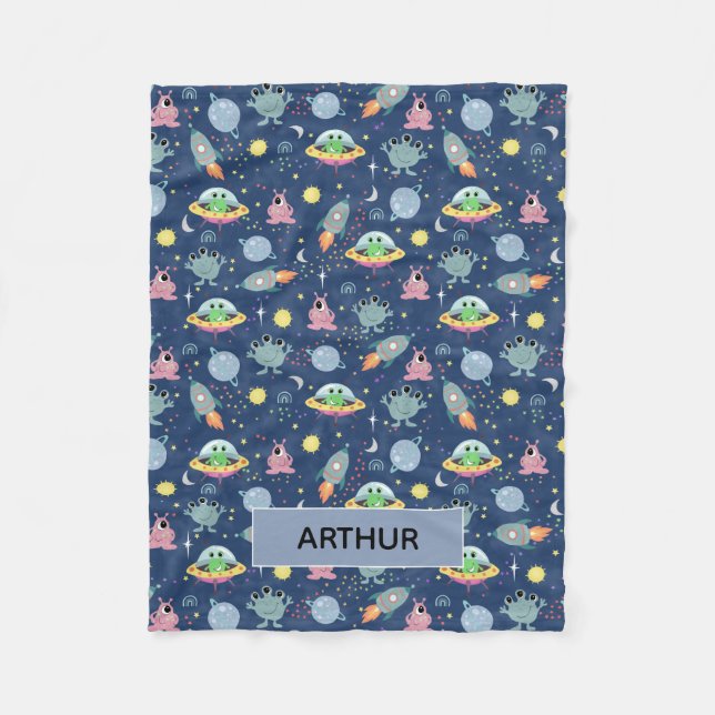 Boys Cute Space Alien Cartoon Pattern & Name Kids Fleece Blanket (Front)