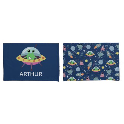 Boys Cute Space Alien Cartoon Pattern Name Kids Pillow Case