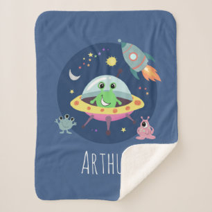 Boys Cute Space Alien Cartoon Rocket & Name Kids Sherpa Blanket
