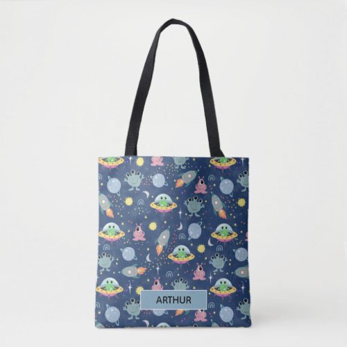 Boys Cute Space Alien Pattern and Name Kids Tote Bag