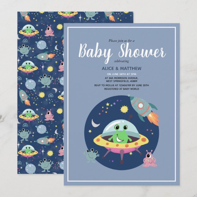 Boys Cute Space Alien Rocket Ship Baby Shower Invitation (Front/Back)
