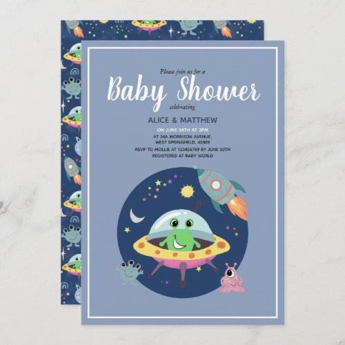 Boys Cute Space Alien Rocket Ship Baby Shower Invitation