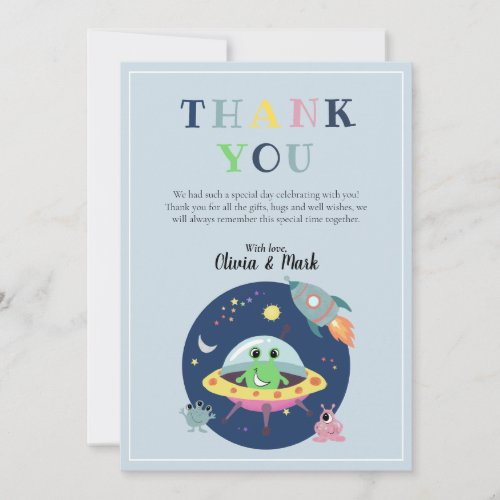 Boys Cute Space Alien Rocket Ship Baby Shower Thank You Card