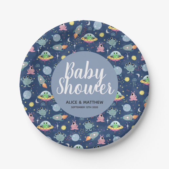 Boys Cute Space Pattern Baby Shower Paper Plate (Front)