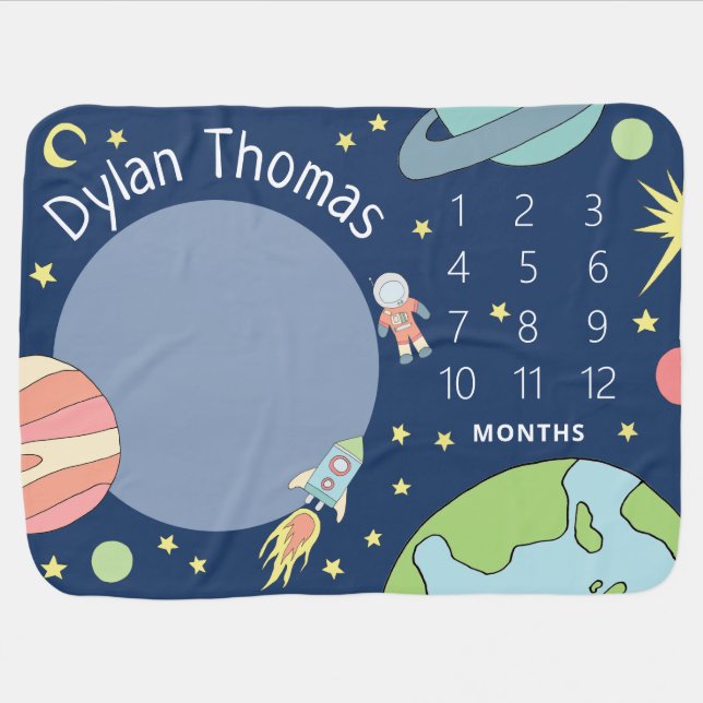 Boys Cute Space Rocket Ship and Name Milestone Baby Blanket (Horizontal)