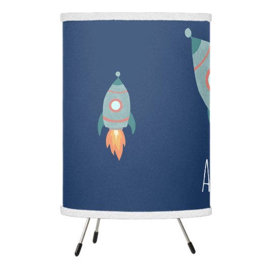 Boys Cute Space Rocket Ship & Name Kids Nursery Tripod Lamp (Left)