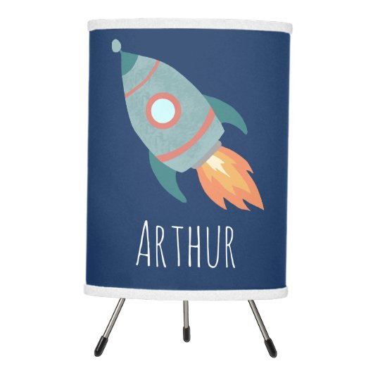 Boys Cute Space Rocket Ship & Name Kids Nursery Tripod Lamp (Front)
