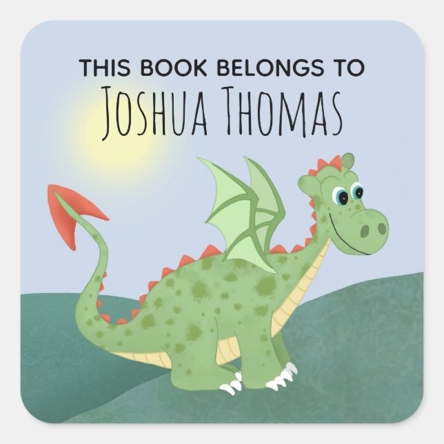Boys Cute 'This Book Belongs' Dragon & Name Kids Square Sticker (Front)