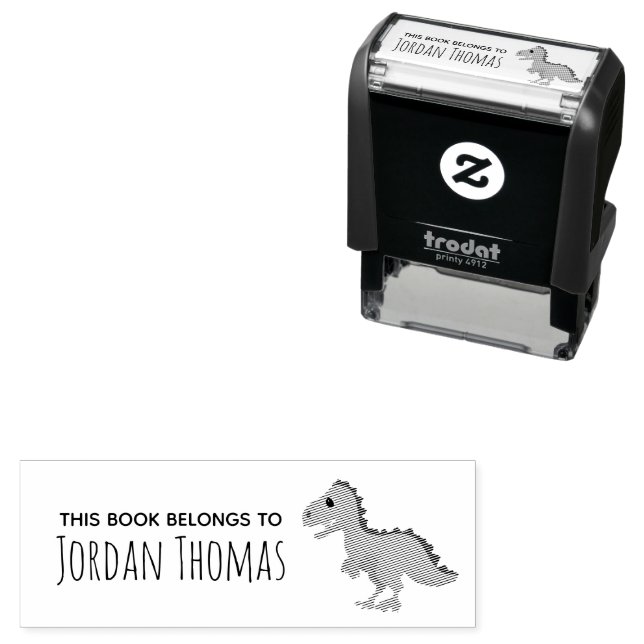 Boys Cute ‘This Book..’ T-Rex Dinosaur Kids School Self-inking Stamp (In Situ)