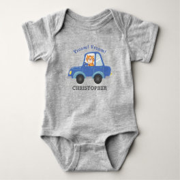 Boys Cute Tiger Driving Blue Car Personalized Name Baby Bodysuit