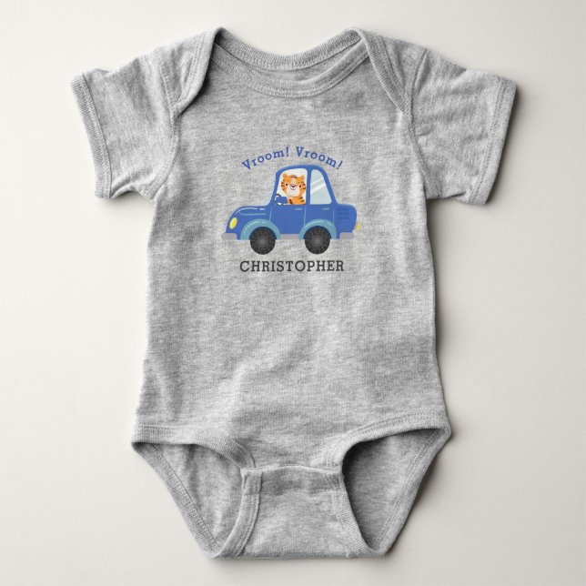 Boys Cute Tiger Driving Blue Car Personalized Name Baby Bodysuit (Front)