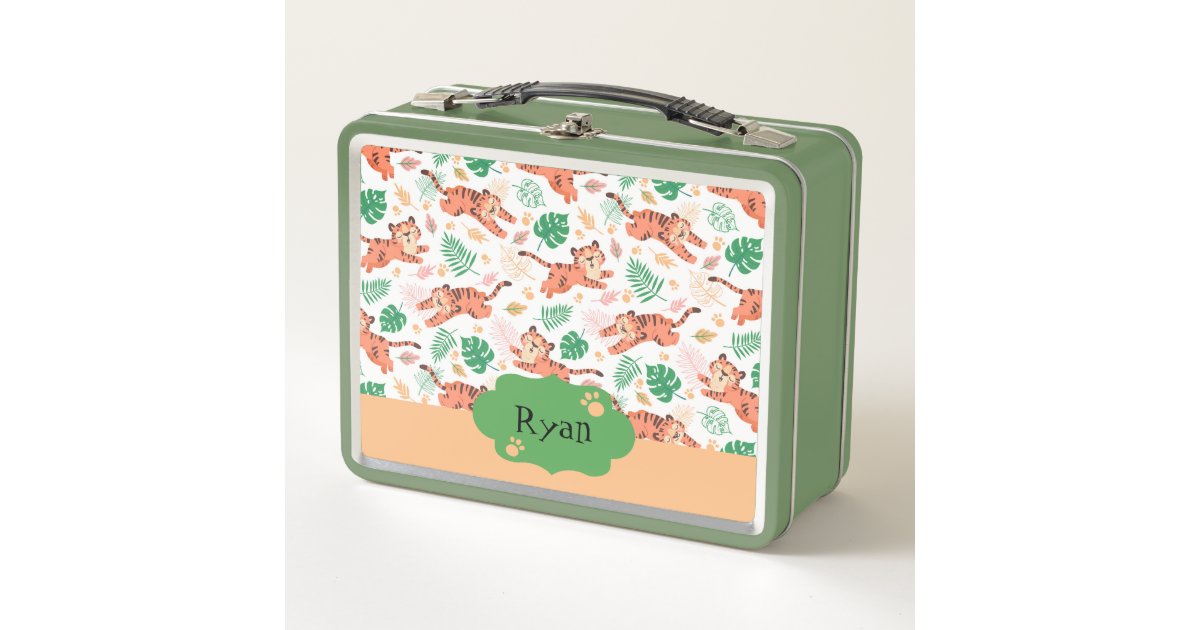 Boys Cute Tiger Wild Jungle Safari with Name Kids Metal Lunch Box | Zazzle