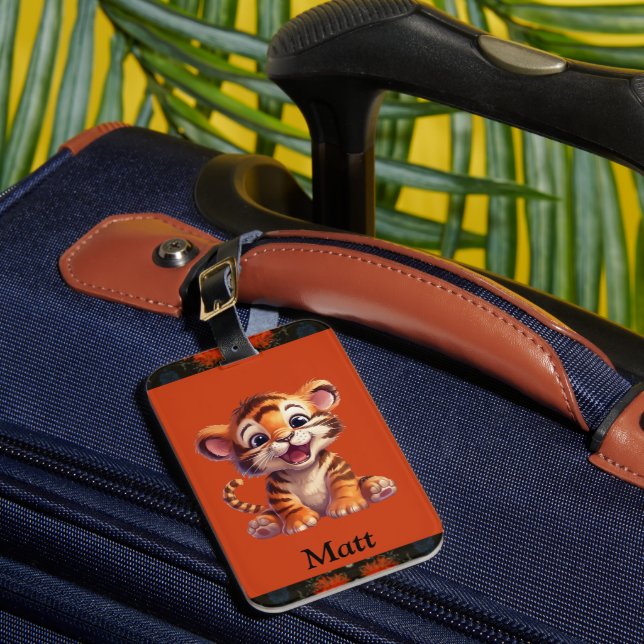Boy's Cute Tiger With Name Luggage Tag (Front Insitu 1)