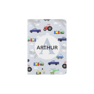 Boys Cute Tractor Airplane Digger and Name Kids Passport Holder