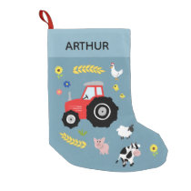 Boys Cute Tractor and Farm Animals Blue Kids Small Christmas Stocking