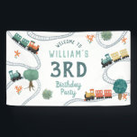 Boys Cute Train Kids Birthday Welcome Sign<br><div class="desc">This cute and modern transport-themed kids birthday welcome sign banner design features a blue train travel illustration, with trains, tracks, and greenery on a modern white background. The banner can be personalized with your boys name and age. The perfect travel-themed addition to your toddler or child’s birthday party! The poster...</div>